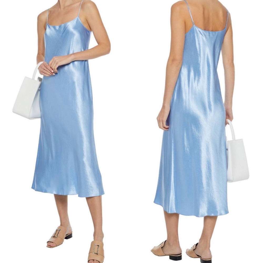 VINCE Women's Crinkled-Satin Midi Slip Dress Light Blue
